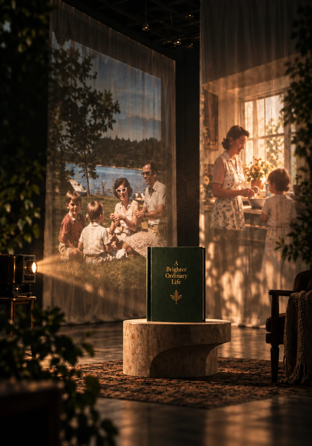 Family memories projected beside a green keepsake book in a warmly lit room.