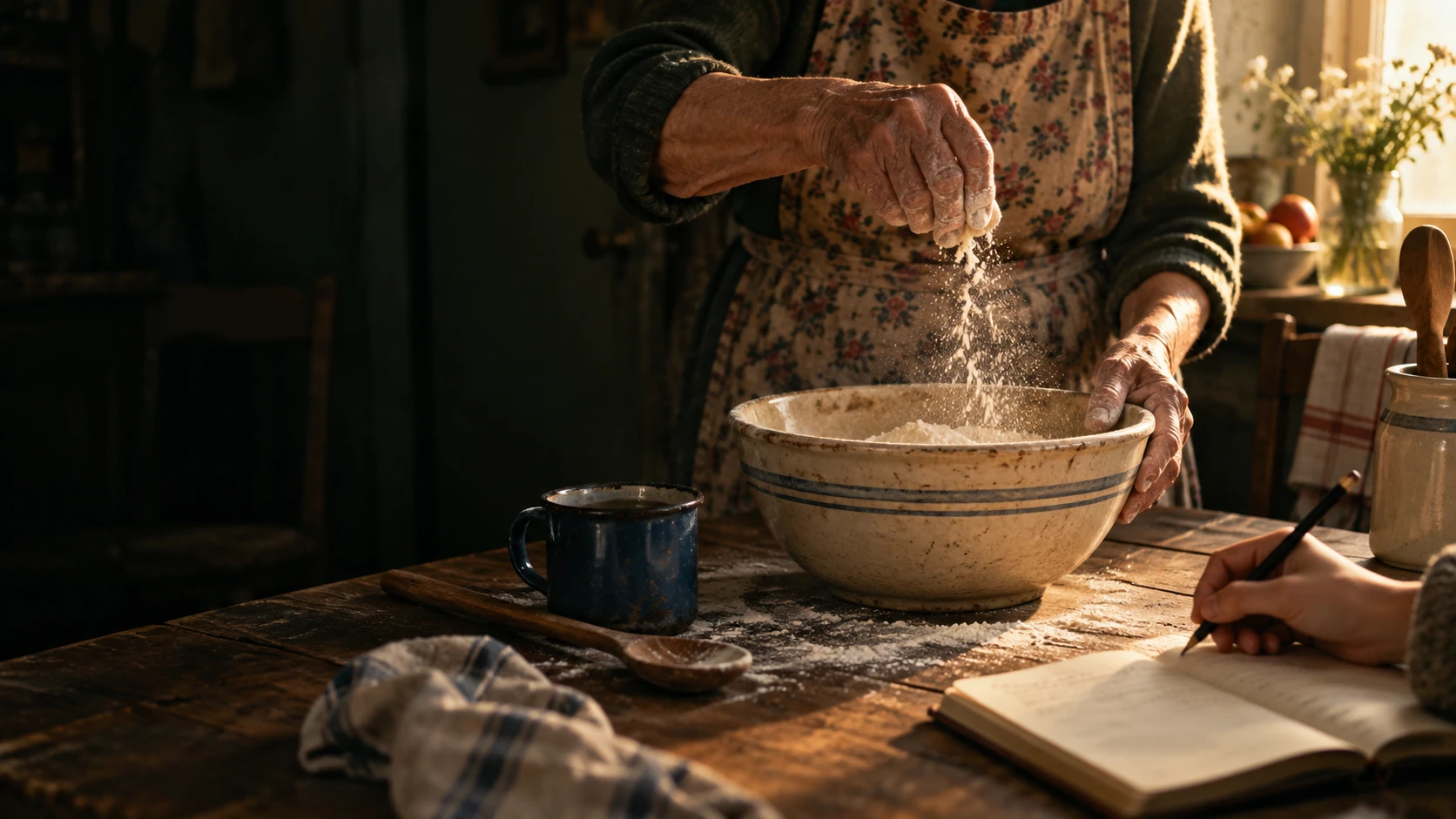 Hands adding flour to a mixing bowl while someone writes down the family recipe.