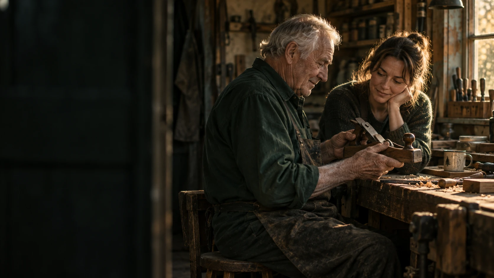 A father showing an old woodworking tool to his adult daughter.