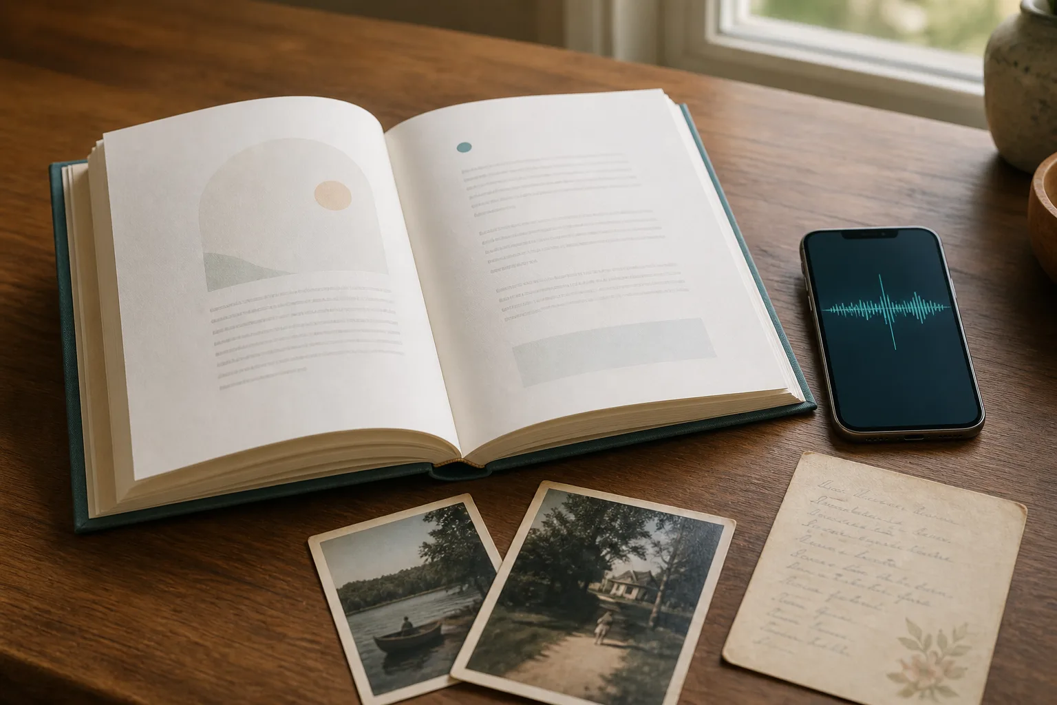 A finished keepsake chapter, audio waveform, and family photographs on a table
