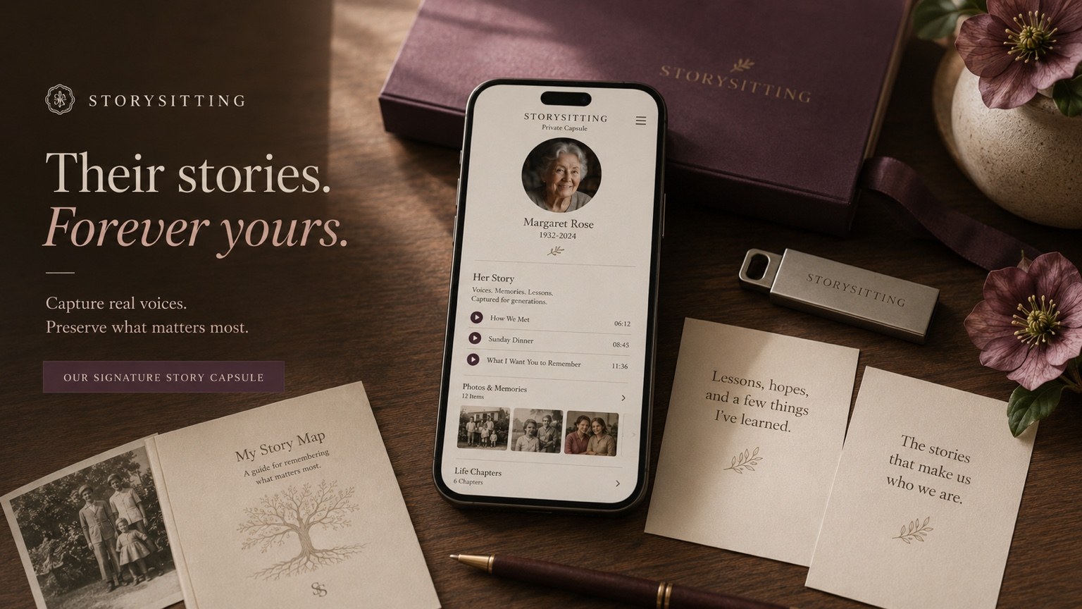 Private StorySitting Capsule preview with voice clips, Story Map, photos, and quote cards