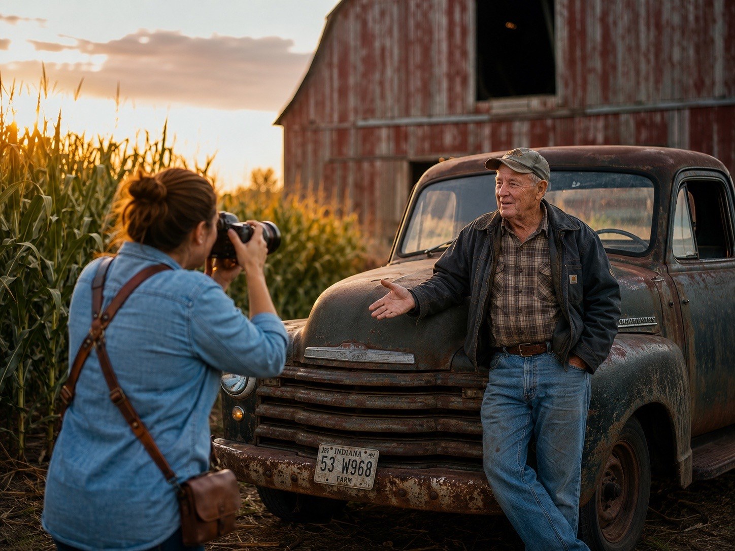 A photographer taking portraits of a farmer beside a worn vintage truck in front of a red barn.