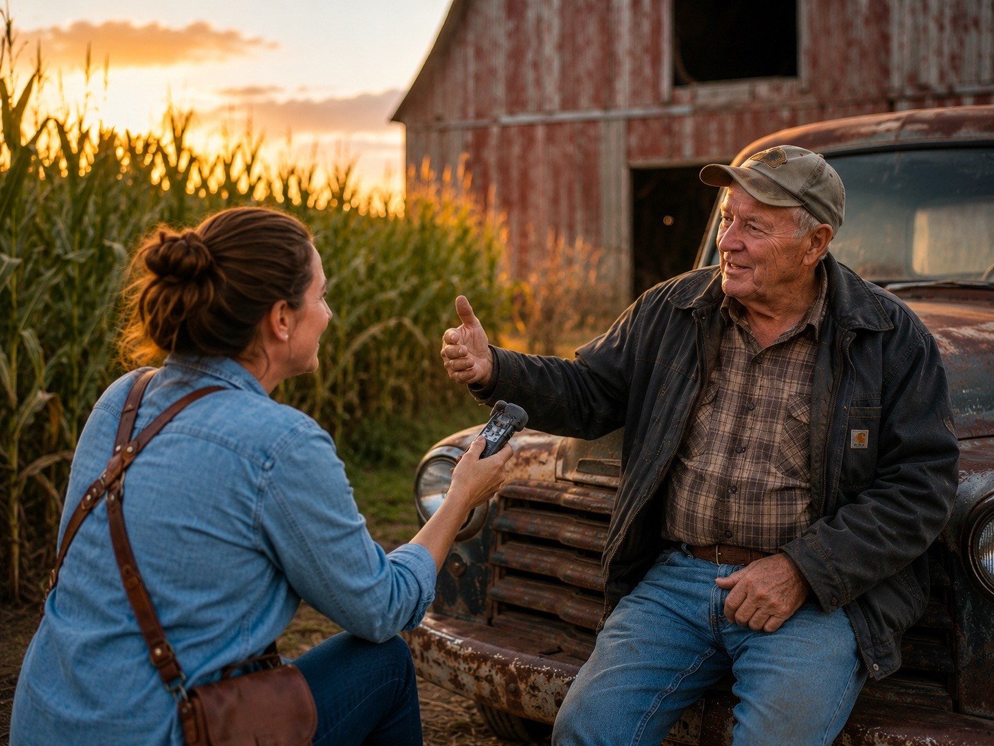 A StorySitting session beside an old farm truck, barn, and cornfield before the family place changes hands.