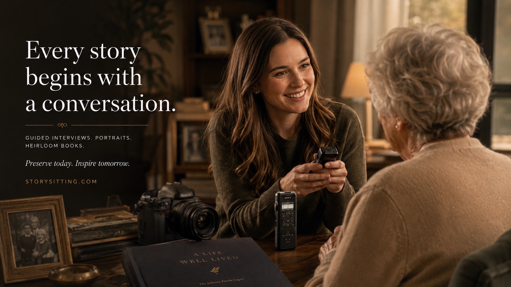 A guided StorySitting interview beside camera equipment and a keepsake book, showing how the story layer fits alongside portrait work.