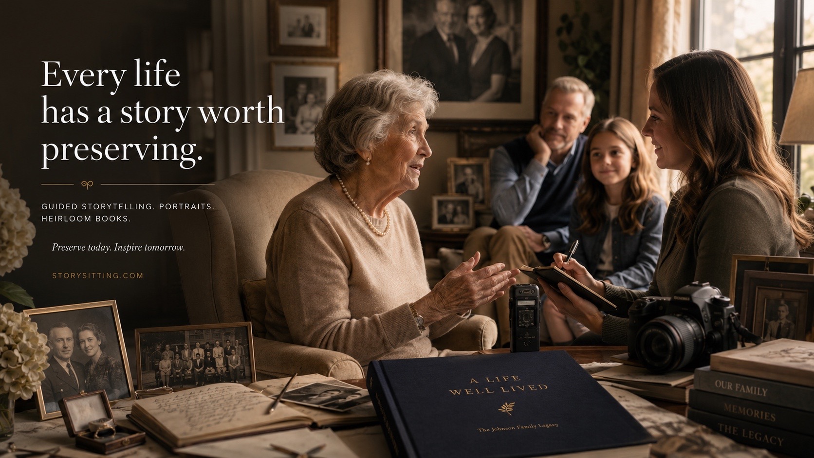 A family story session in a warm living room.