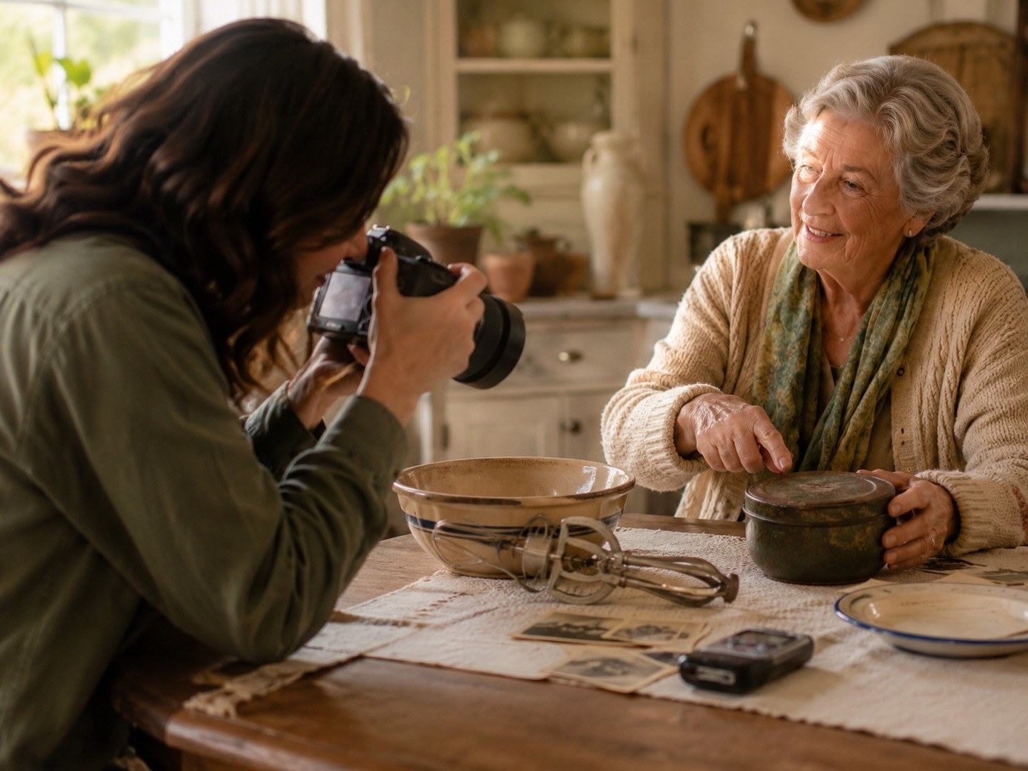 A StorySitting kitchen-table object session with family photos and antique kitchen items.
